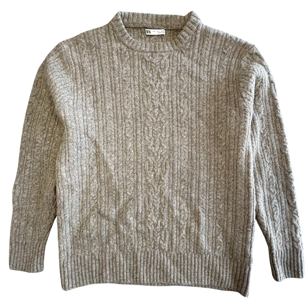 ZARA Cable Knit Wool Sweater Crew Neck Womens L Beige Gray Cozy Cottagecore